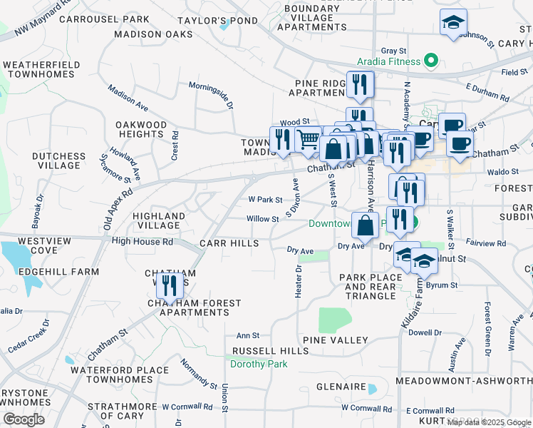map of restaurants, bars, coffee shops, grocery stores, and more near 301 South Dixon Avenue in Cary