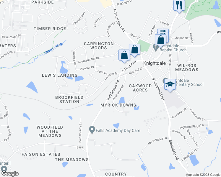 map of restaurants, bars, coffee shops, grocery stores, and more near 224 Bethlehem Road in Knightdale