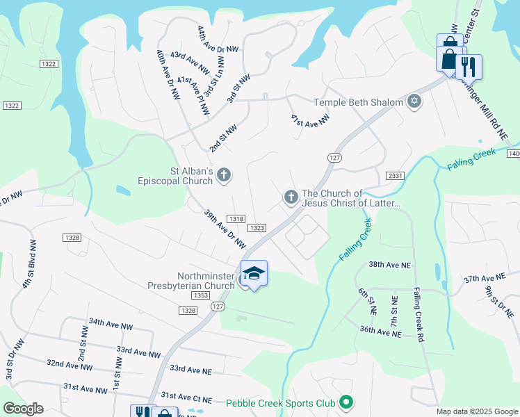 map of restaurants, bars, coffee shops, grocery stores, and more near 30 39th Avenue Court Northwest in Hickory