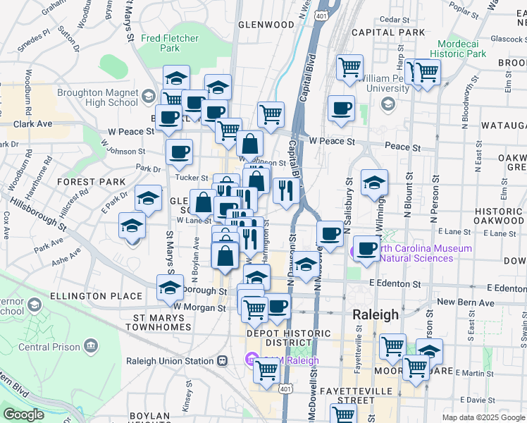 map of restaurants, bars, coffee shops, grocery stores, and more near 251 North Harrington Street in Raleigh