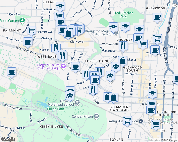 map of restaurants, bars, coffee shops, grocery stores, and more near 118 Hillcrest Road in Raleigh