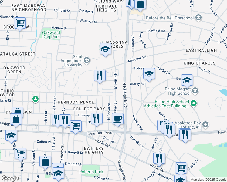 map of restaurants, bars, coffee shops, grocery stores, and more near 419 North Fisher Street in Raleigh
