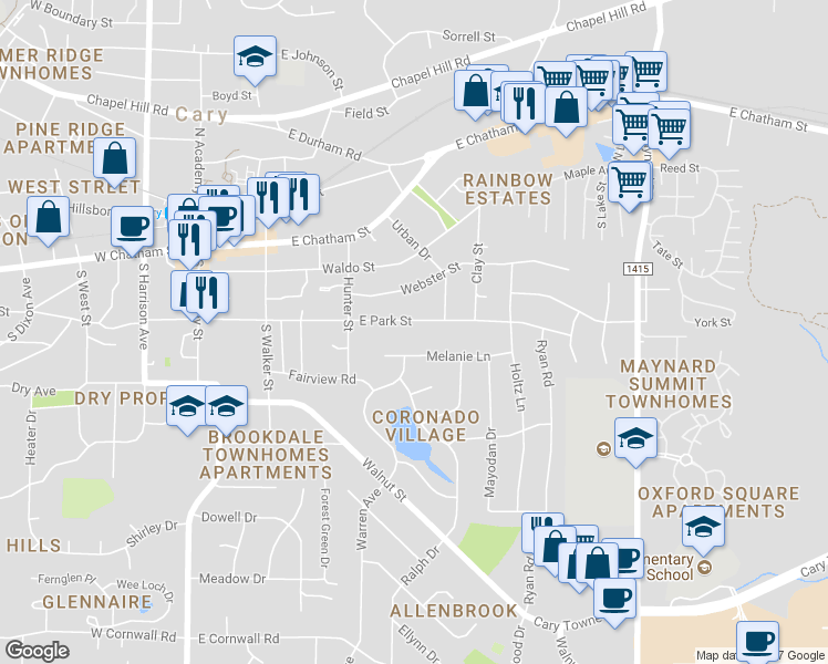 map of restaurants, bars, coffee shops, grocery stores, and more near 328 East Park Street in Cary
