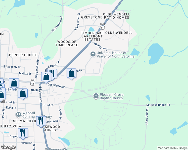 map of restaurants, bars, coffee shops, grocery stores, and more near 12 Olde Tavern Drive in Wendell
