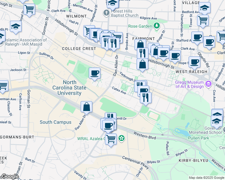 map of restaurants, bars, coffee shops, grocery stores, and more near 2815 Cates Avenue in Raleigh