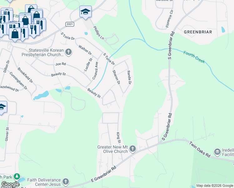 map of restaurants, bars, coffee shops, grocery stores, and more near 737 Boulder Place in Statesville