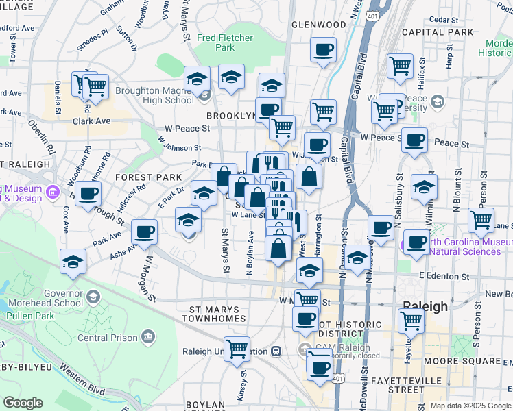 map of restaurants, bars, coffee shops, grocery stores, and more near 221 Glenwood Avenue in Raleigh