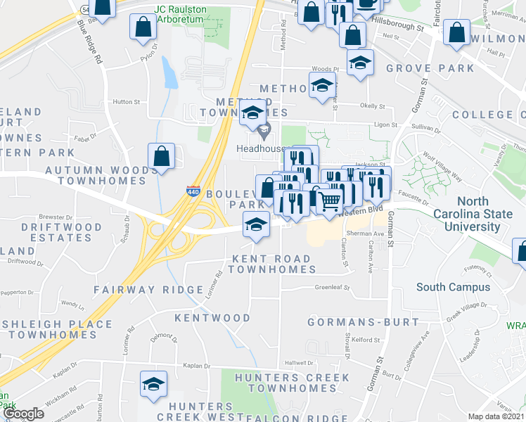 map of restaurants, bars, coffee shops, grocery stores, and more near in Raleigh