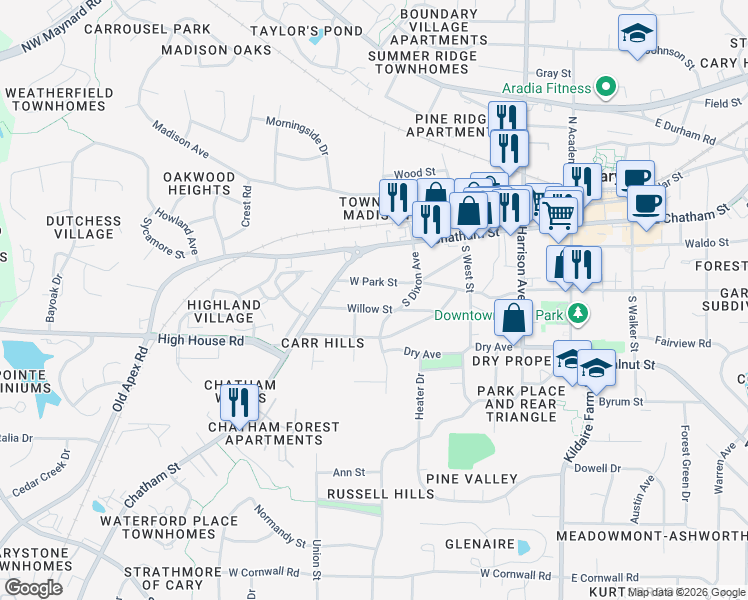 map of restaurants, bars, coffee shops, grocery stores, and more near 301 South Dixon Avenue in Cary
