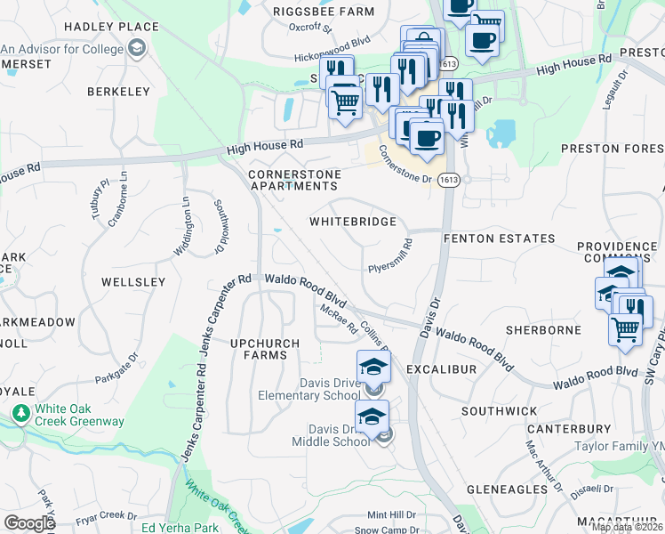 map of restaurants, bars, coffee shops, grocery stores, and more near 203 Plyersmill Road in Cary