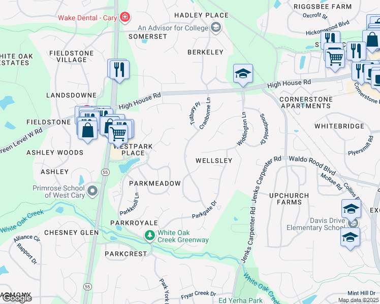 map of restaurants, bars, coffee shops, grocery stores, and more near 403 Cranborne Lane in Cary