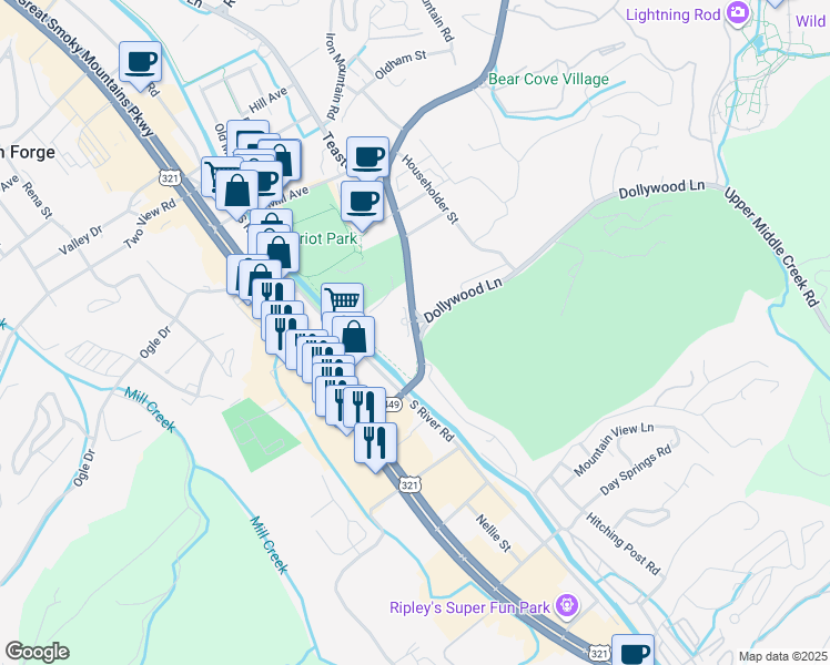 map of restaurants, bars, coffee shops, grocery stores, and more near 231 Dollywood Lane in Pigeon Forge