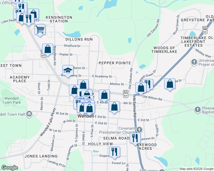 map of restaurants, bars, coffee shops, grocery stores, and more near 3901 Wendell Boulevard in Wendell