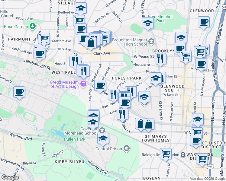 map of restaurants, bars, coffee shops, grocery stores, and more near 1408 Hillsborough Street in Raleigh