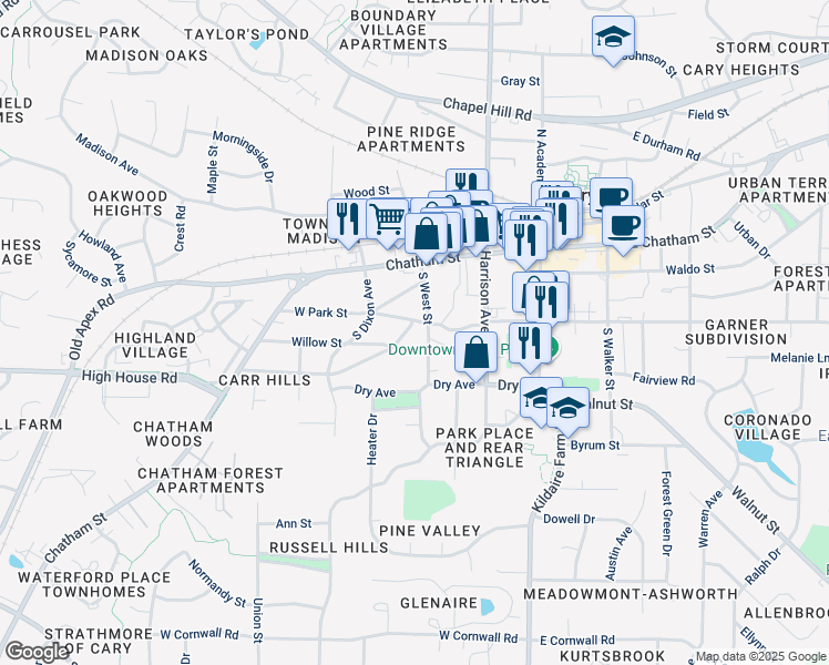 map of restaurants, bars, coffee shops, grocery stores, and more near 307 Ridgecrest Road in Cary