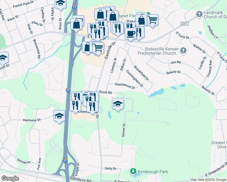 map of restaurants, bars, coffee shops, grocery stores, and more near 1727 Scott Road in Statesville