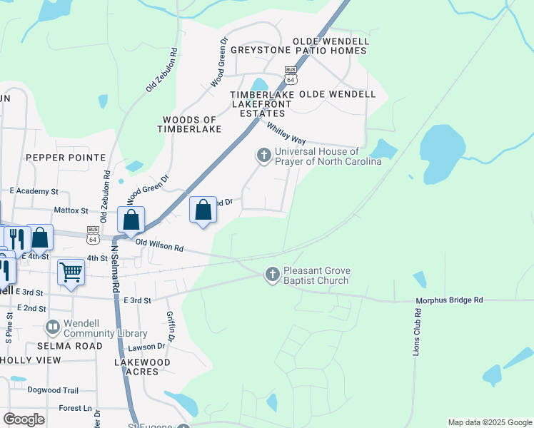 map of restaurants, bars, coffee shops, grocery stores, and more near 12 Olde Tavern Drive in Wendell