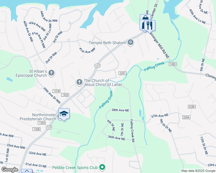 map of restaurants, bars, coffee shops, grocery stores, and more near 3640 Falling Creek Road in Hickory