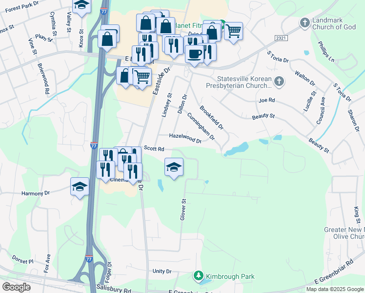 map of restaurants, bars, coffee shops, grocery stores, and more near 1729 Scott Road in Statesville