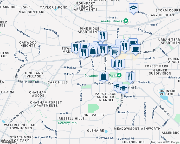 map of restaurants, bars, coffee shops, grocery stores, and more near 307 Ridgecrest Road in Cary