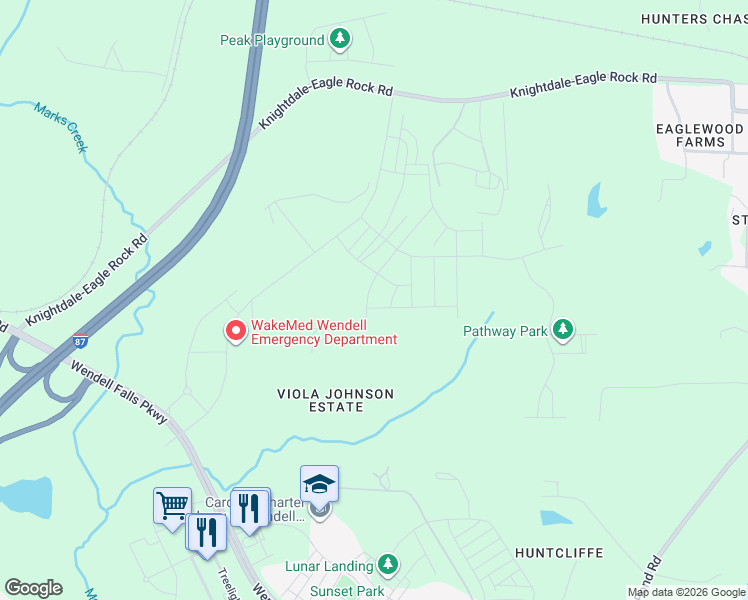 map of restaurants, bars, coffee shops, grocery stores, and more near 1204 Barreto Drive in Wendell