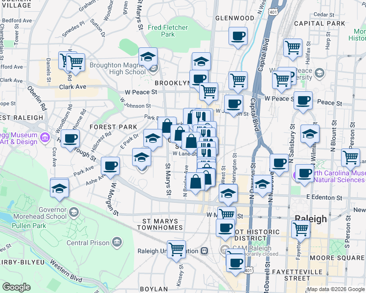 map of restaurants, bars, coffee shops, grocery stores, and more near in Raleigh