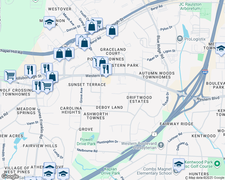 map of restaurants, bars, coffee shops, grocery stores, and more near 4132 Brewster Drive in Raleigh
