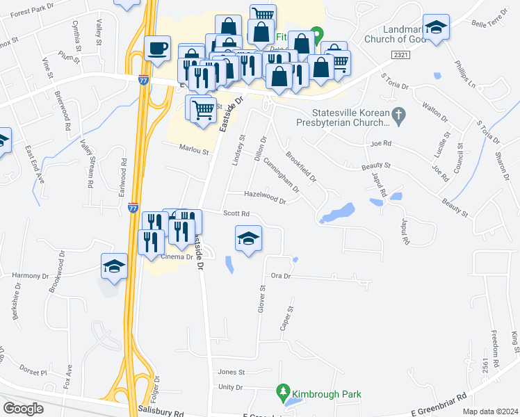 map of restaurants, bars, coffee shops, grocery stores, and more near 1729 Scott Road in Statesville