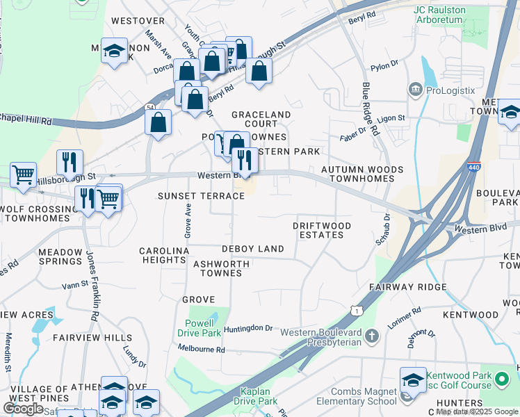 map of restaurants, bars, coffee shops, grocery stores, and more near 4132 Brewster Drive in Raleigh