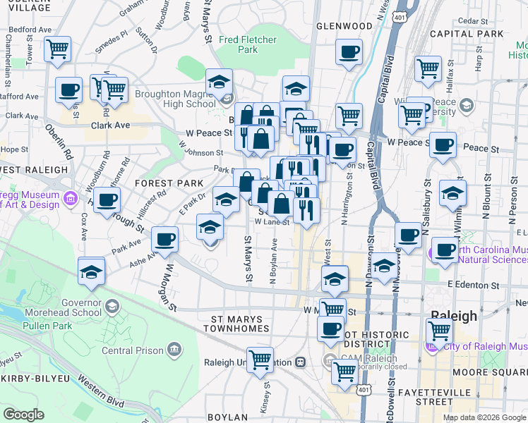 map of restaurants, bars, coffee shops, grocery stores, and more near in Raleigh