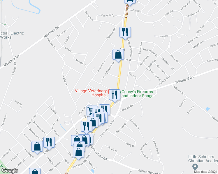 map of restaurants, bars, coffee shops, grocery stores, and more near 152 Howard Street in Maryville