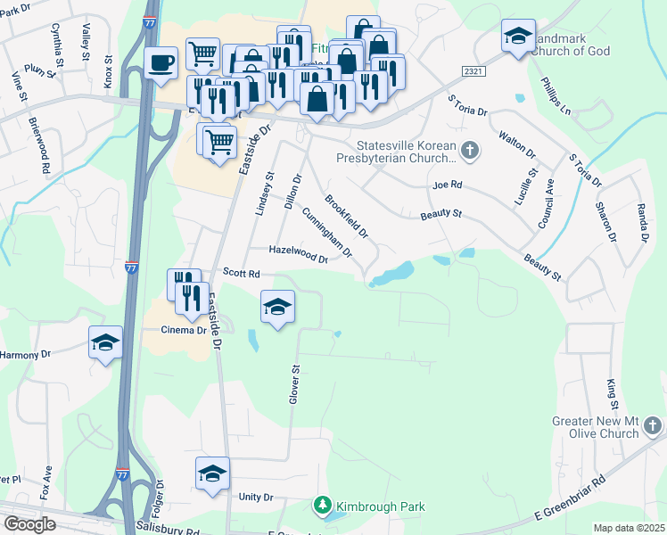 map of restaurants, bars, coffee shops, grocery stores, and more near 2024 Hazelwood Drive in Statesville