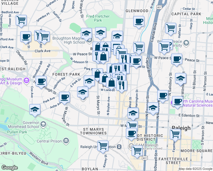 map of restaurants, bars, coffee shops, grocery stores, and more near 708 West North Street in Raleigh