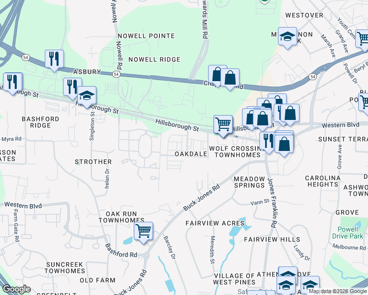 map of restaurants, bars, coffee shops, grocery stores, and more near 14 Oakdale Drive in Raleigh