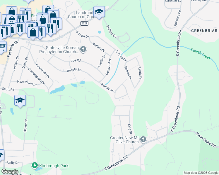map of restaurants, bars, coffee shops, grocery stores, and more near 730 Stonecrest Drive in Statesville
