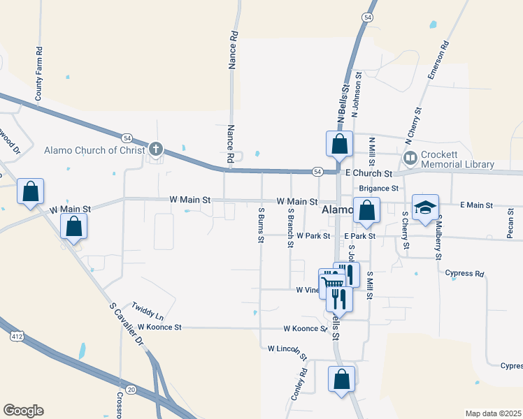 map of restaurants, bars, coffee shops, grocery stores, and more near 109 South Burns Street in Alamo