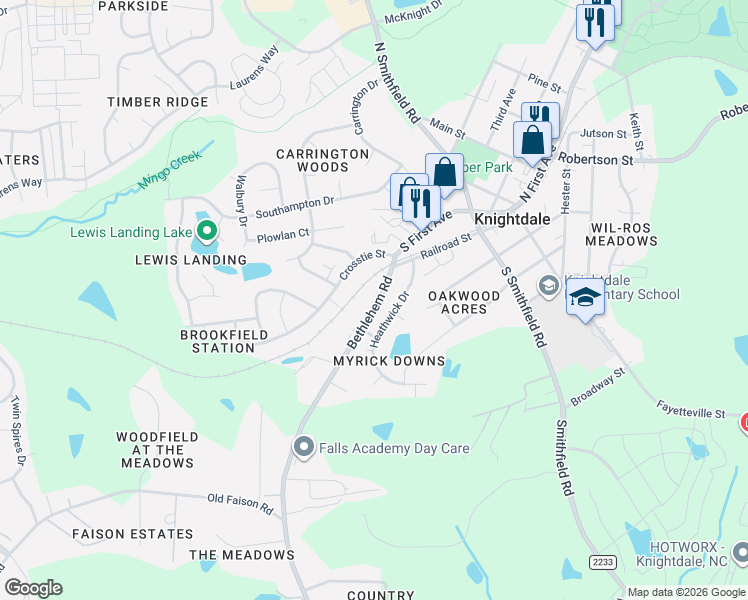 map of restaurants, bars, coffee shops, grocery stores, and more near in Knightdale
