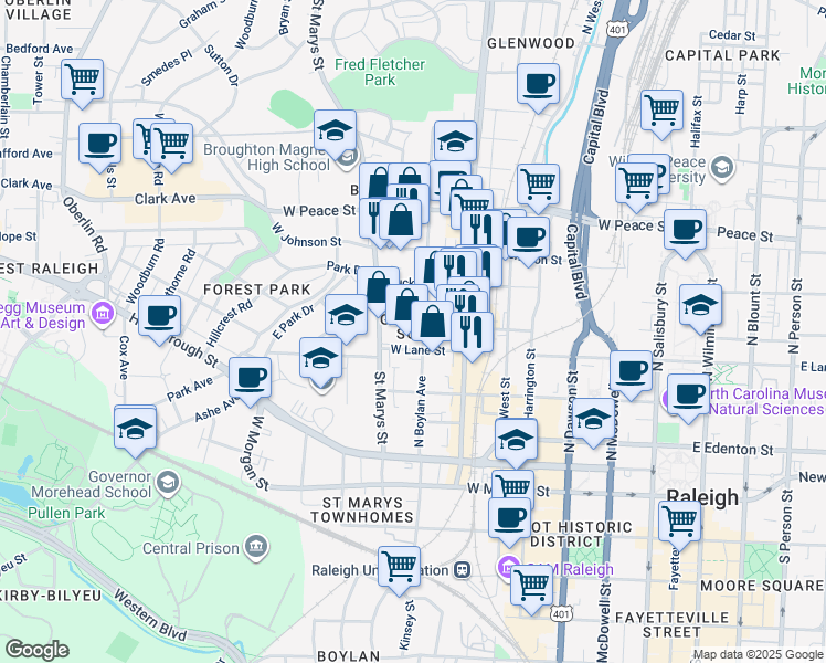 map of restaurants, bars, coffee shops, grocery stores, and more near 708 West North Street in Raleigh