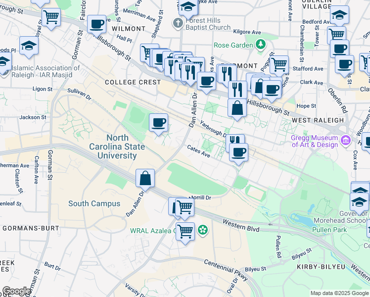 map of restaurants, bars, coffee shops, grocery stores, and more near 201 Dan Allen Drive in Raleigh