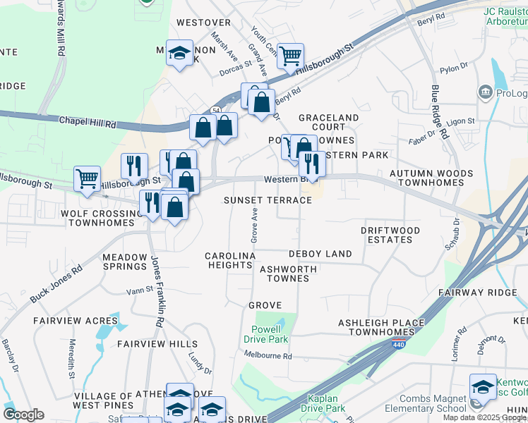 map of restaurants, bars, coffee shops, grocery stores, and more near 511 Grove Avenue in Raleigh