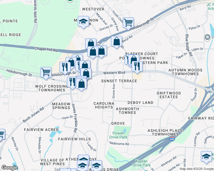 map of restaurants, bars, coffee shops, grocery stores, and more near 507 Carolina Avenue in Raleigh