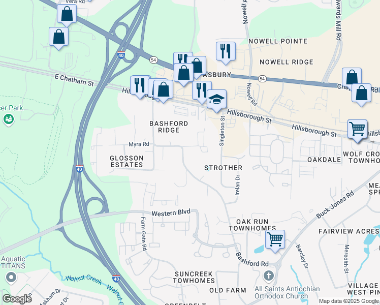 map of restaurants, bars, coffee shops, grocery stores, and more near 6058 Inona Place in Raleigh