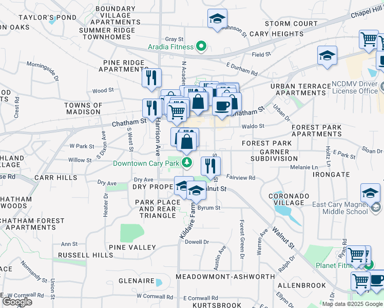 map of restaurants, bars, coffee shops, grocery stores, and more near 223 Flat Rail Trail in Cary