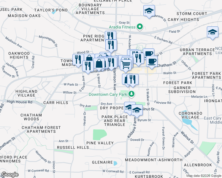 map of restaurants, bars, coffee shops, grocery stores, and more near 1015 Parkthrough Street in Cary