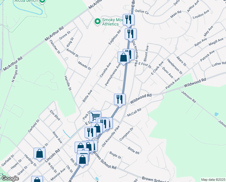 map of restaurants, bars, coffee shops, grocery stores, and more near 156 Howard Street in Maryville