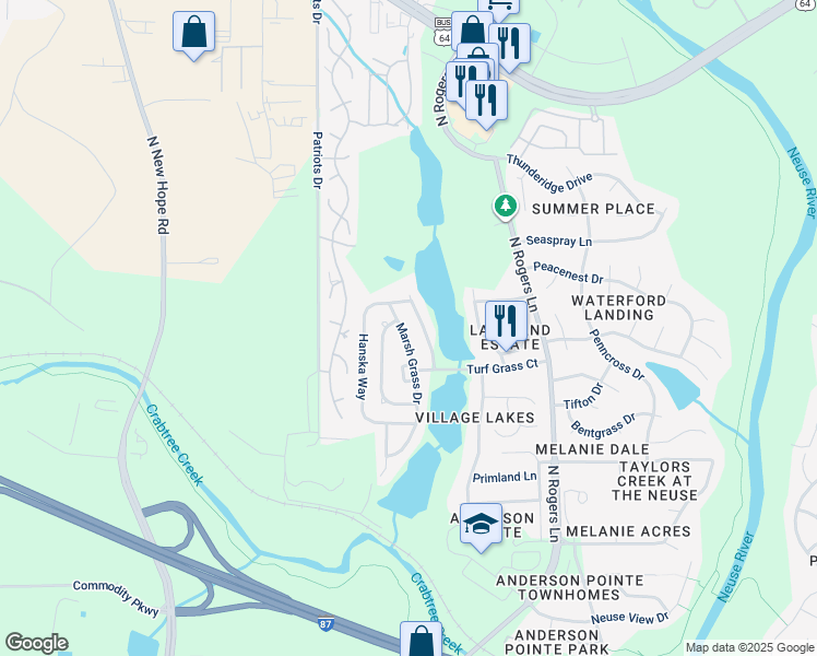 map of restaurants, bars, coffee shops, grocery stores, and more near 728 Marsh Grass Drive in Raleigh