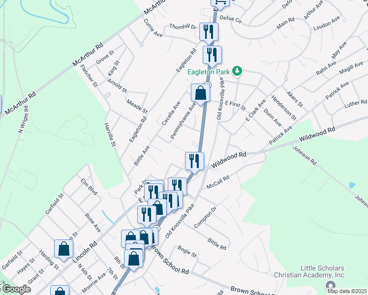map of restaurants, bars, coffee shops, grocery stores, and more near 168 Howard Street in Maryville