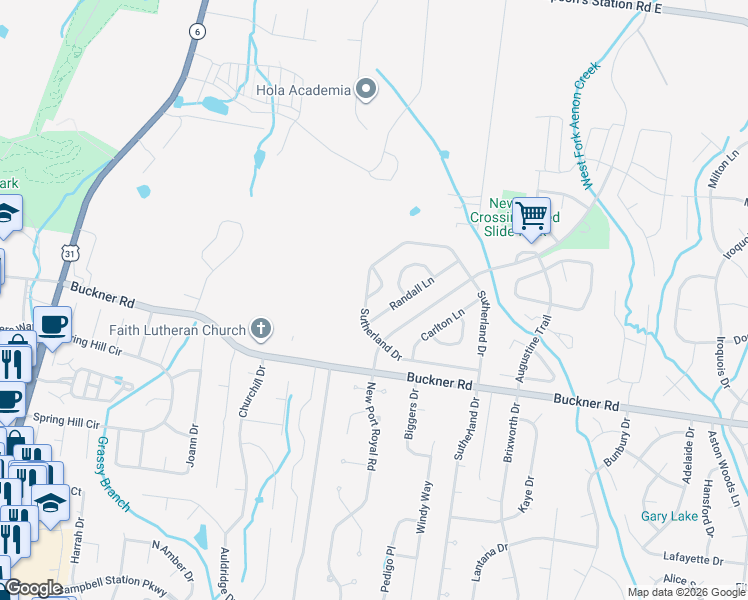 map of restaurants, bars, coffee shops, grocery stores, and more near 6002 Burnett Circle in Thompson's Station