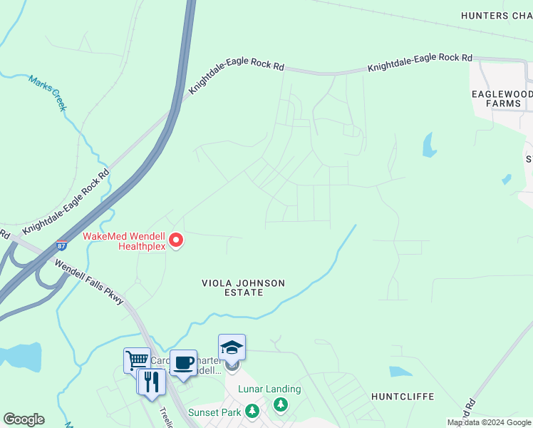 map of restaurants, bars, coffee shops, grocery stores, and more near Barreto Drive in Wendell