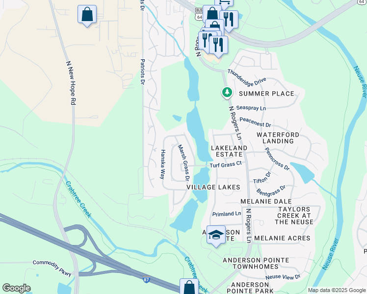 map of restaurants, bars, coffee shops, grocery stores, and more near 728 Marsh Grass Drive in Raleigh